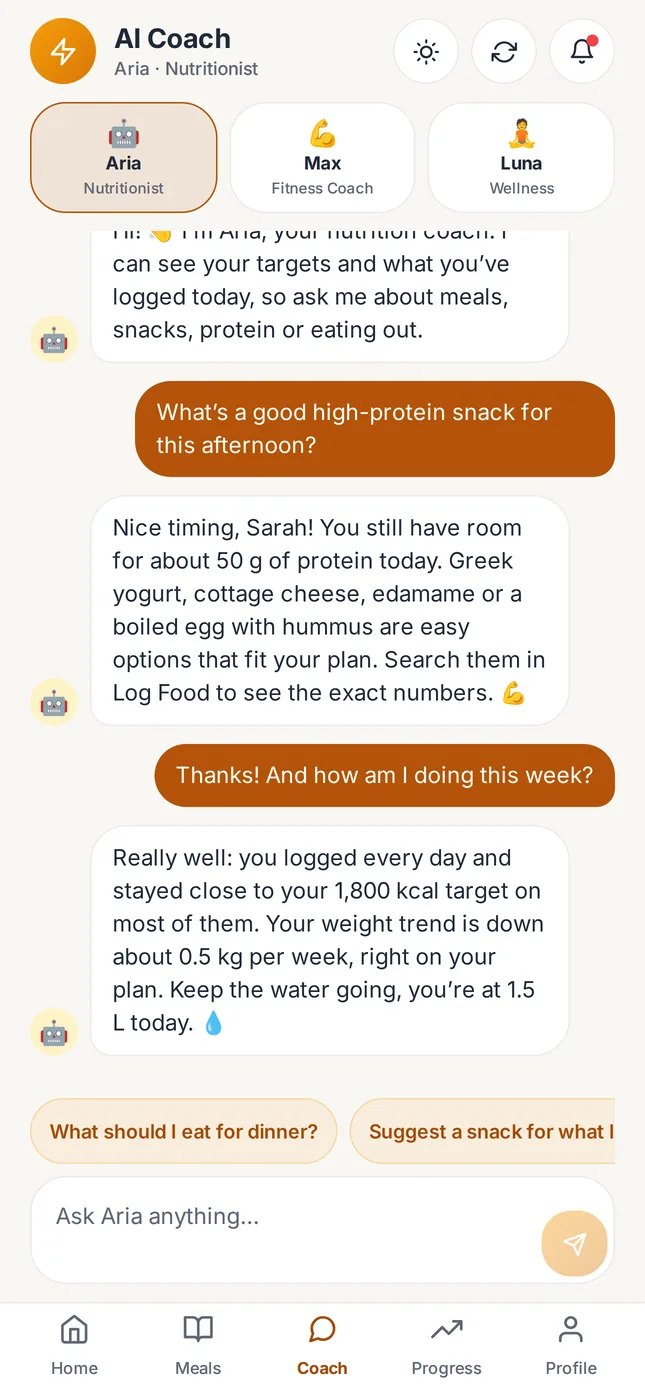 AI coach conversation with Aria the nutritionist